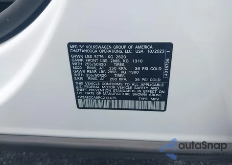 2024 Volkswagen Atlas Cross Sport 2.0T Sel R-Line из США, поврежденный, VIN 1V2AE2CA8RC214475